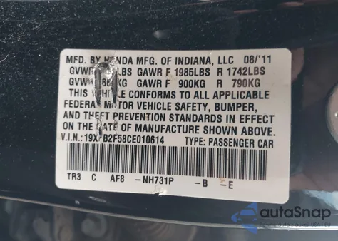 2012 Honda Civic Lx z USA, uszkodzony, nr VIN 19XFB2F58CE010614